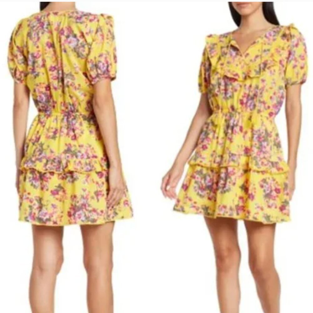 Maisie 100% Cotton Short Puff Sleeve Floral Ruffle Mini Dress - Yellow - Large - Picture 9 of 9